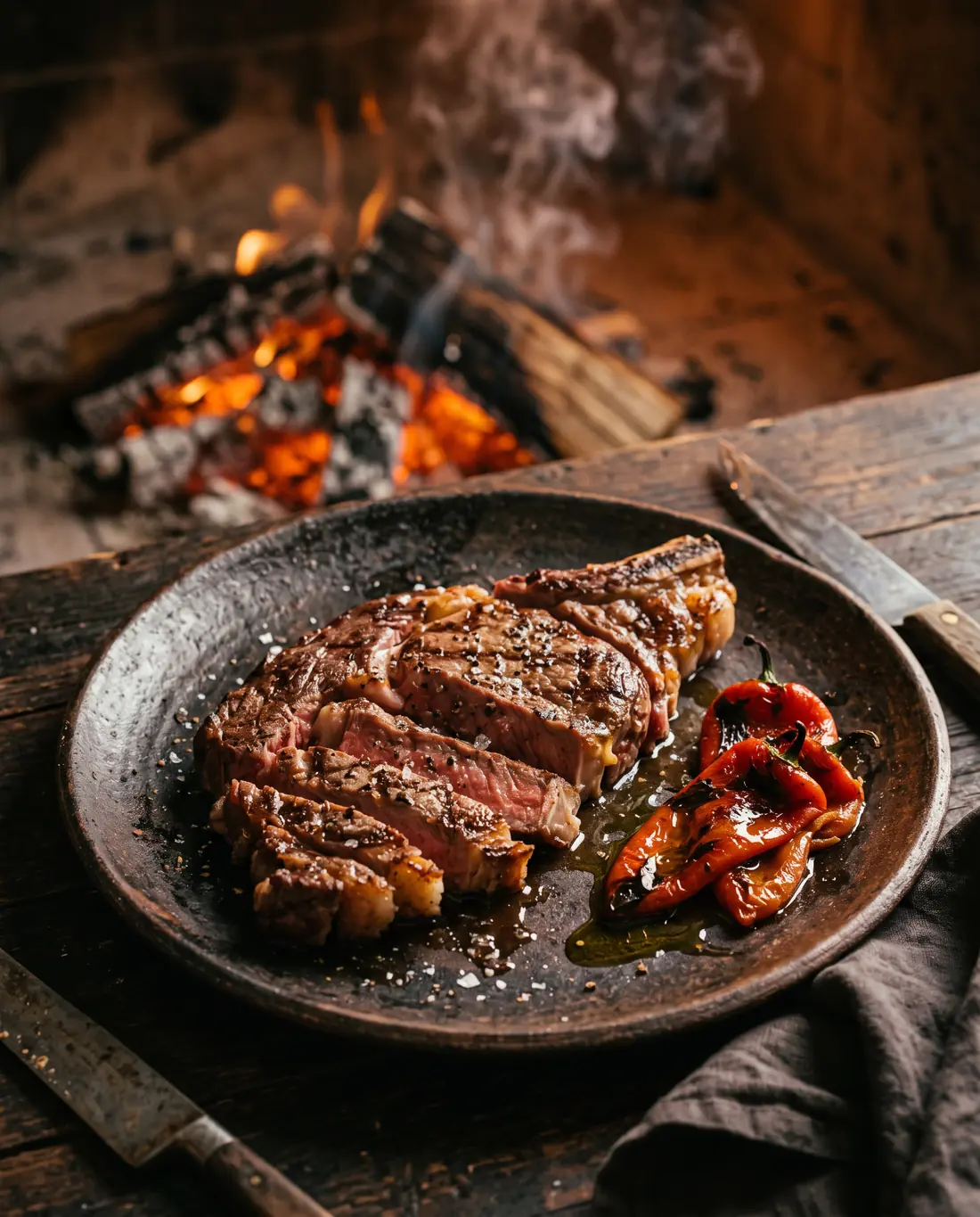 Chuletón a la brasa con pimientos asados
